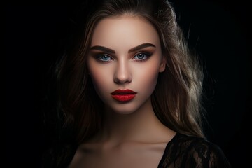 Fototapeta premium Portrait of young woman with beautiful makeup on black background. Glamorous female model with red lips. Generate ai