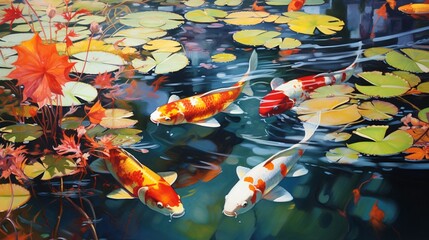 A tranquil koi pond, with graceful fish gliding through the clear water, their colors mirrored in...