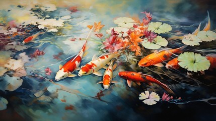 Fototapeta na wymiar A tranquil koi pond, with graceful fish gliding through the clear water, their colors mirrored in the surface reflections