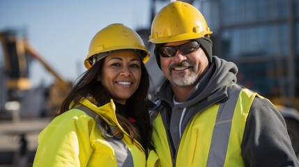 Engineers posing together in protective clothing and helmets at the work site