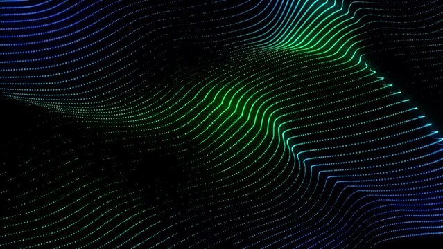 4k Video. Neon particles background. 3d Render. Abstract art animation. Futuristic sci-fi intro. Seamless loop. Isolated on black background. Wavy lines texture. Green and blue color.