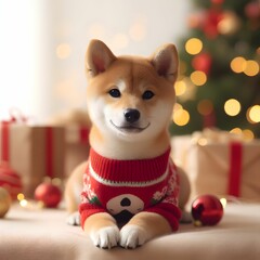 Fototapeta na wymiar Happy Shiba Inu with Christmas atmosphere