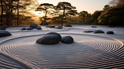 a tranquil, Zen garden at dawn, with raked gravel patterns and perfectly placed stones, symbolizing harmony and balance