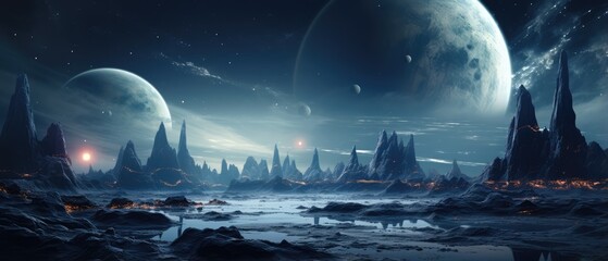 Fantastical landscape with a planet and a comet in the sky and a rocky terrain below wallpaper
