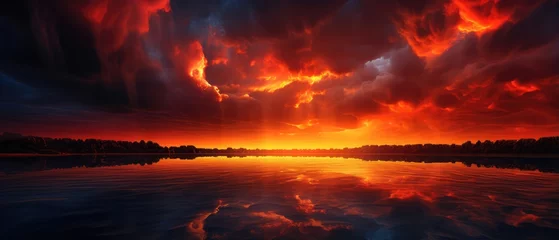 Fototapeten Fiery red and orange sky over a calm lake with a horizon line of trees © ArtStockVault