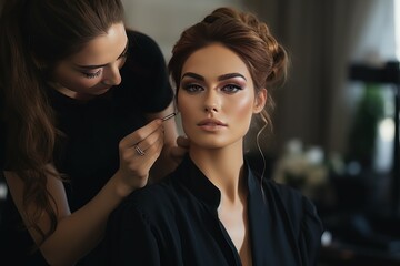 Professional makeup artist working with female client in studio. Makeup beauty preparing for celebrity event. Generate ai