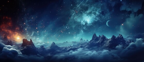 Fototapeta na wymiar Beautiful night sky with a galaxy and a fantasy planet over mountains