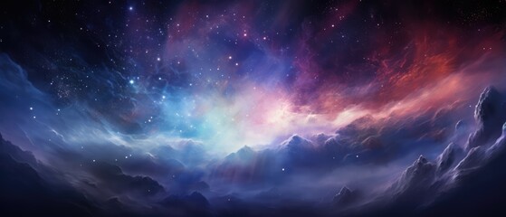 Cosmic landscape with nebula and stars in the background and mountains in the foreground wallpaper © ArtStockVault