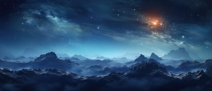 Beautiful night sky with a galaxy and a fantasy planet over mountains