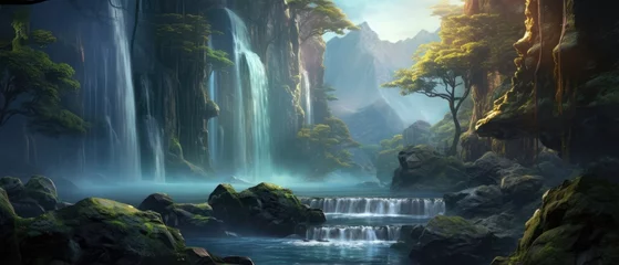 Gordijnen Majestic powerful waterfall wallpaper a landscape mountains trees and a river under a blue sky © ArtStockVault