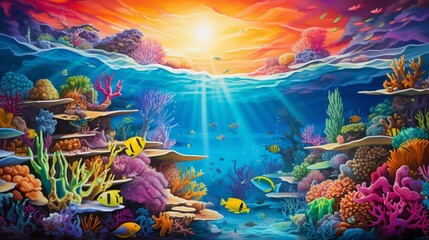 a vibrant, otherworldly coral reef teeming with colorful marine life, set against the backdrop of a crystal-clear ocean
