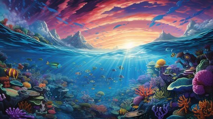 Fototapeta na wymiar a vibrant, otherworldly coral reef teeming with colorful marine life, set against the backdrop of a crystal-clear ocean