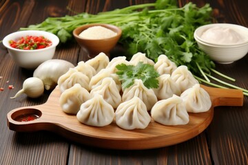 Raw dumplings and ingredients on wooden table meal organic. Cook dish ingredient cooking. Generate Ai