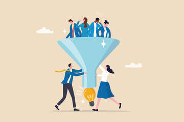 Marketing funnel or sales conversion, people or employee management, meeting brainstorm for new idea, customer purchase pipeline concept, people in sales and marketing funnel with lightbulb outcome. - obrazy, fototapety, plakaty