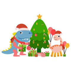 Dinosaur christmas happy new year, Dino clipart