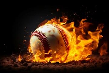 Burning baseball Incendiary sports imagery on a black background - obrazy, fototapety, plakaty
