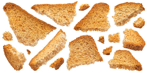 Crispy bread rusk pieces isolated on white background