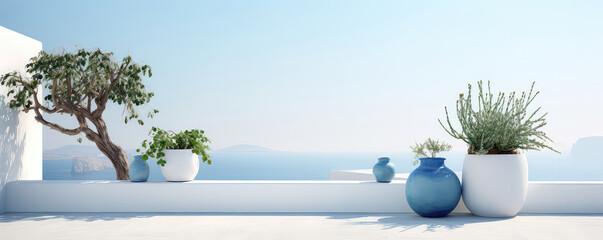 Beautiful Plants In Ceramic Pots On Transparent Backgrounda Traditional Mediterranean White House With Stunning Sea View