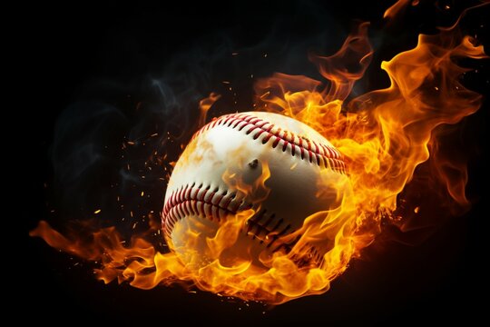 Burning baseball Incendiary sports imagery on a black background