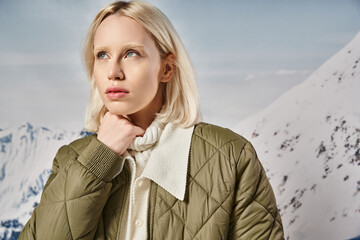 beautiful blonde woman in khaki jacket posing with her hand on chin and looking away, winter fashion