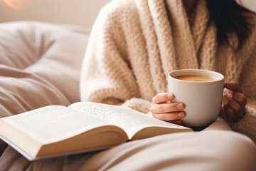 Girl Reading Book In Cozy Bed With Warm Drink In Morning