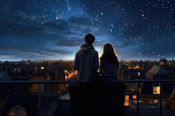 Couple stargazing from a rooftop.