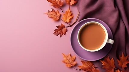  a cup of coffee and some leaves on a pink background.  generative ai