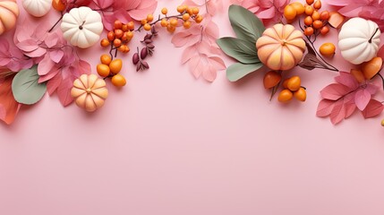  a pink background with leaves and flowers on it, with a place for a text.  generative ai
