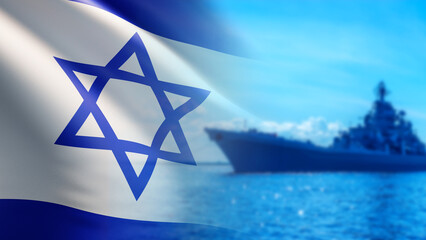 Israeli navy. Warship at sea. Israel flag over ocean. Israeli defense forces navy. Warship under...