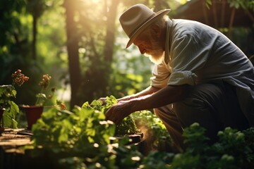 Elderly man tending to his garden.
