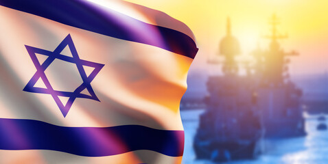 Israeli navy. Warships at sea. Israeli defense forces fleet. Ships for warfare at sunset. National...