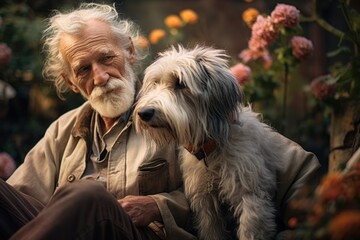 Elderly man with his pet dog in a garden.