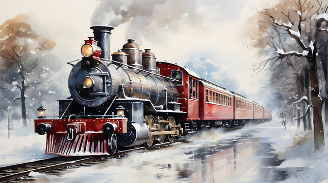 Watercolor illustration of Christmas train