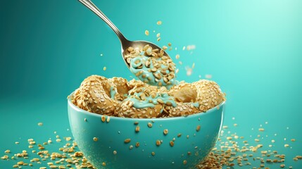  a bowl of cereal with a spoon full of cereal sprinkles.  generative ai