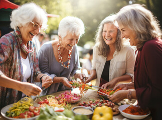 Group of seniors women having fun in park in picnic in summer