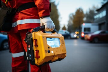 Doctors hand with a defibrillator, part of an emergency response to a traffic accident - obrazy, fototapety, plakaty