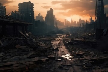 Obraz premium Postapocalyptic City With Destroyed Buildings And Roads