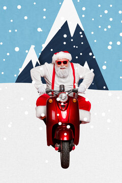 Vertical creative collage image of funny santa claus driving scooter deliver gifts new year x-mas magazine sketch christmas shopping advert