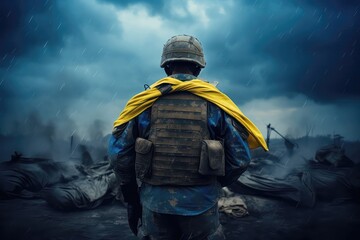 Soldier With His Back To The Ukrainian Flag. Сoncept Military Sacrifice, National Pride, Patriotic Symbolism