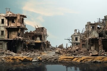 Fototapeta na wymiar Town Left In Ruins After Destructive Conflict