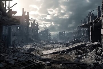 Naklejka premium Abandoned City Lies In Ruins After Battle In War Zone