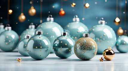 Christmas and New Year holidays background with golden and blue balls, and baubles. Blue background. 3d rendering. Generative AI technology.