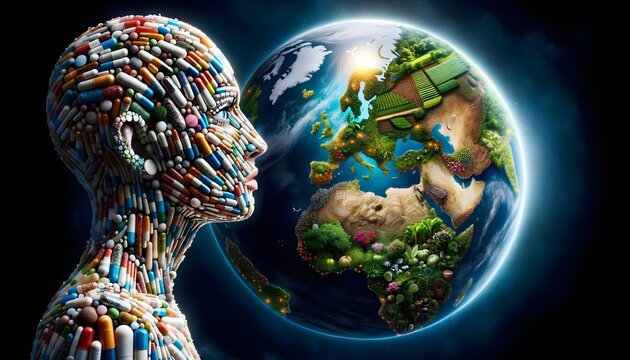 Artistic representation highlighting a juxtaposition between a vibrant globe with flourishing farmlands and a human visage crafted from medical tools, exploring the nexus of nature and medicine.