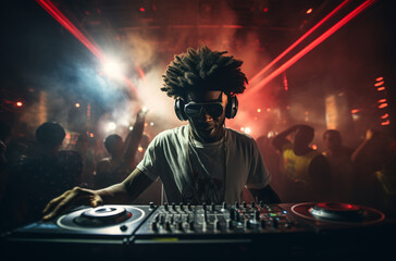 A DJ plays music in a nightclub with a crowd of people in the background