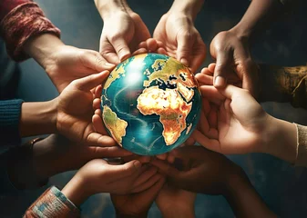 Foto op Canvas Multiethnic group of people holding planet Earth © Maria