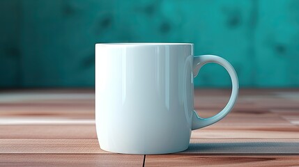  a white coffee mug sitting on top of a wooden table.  generative ai