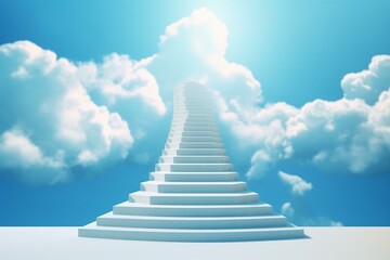 Concept of motivation and success. Stairs leading to clouds, symbolizing achievement and dream pursuit. 3D image with blue background. Generative AI