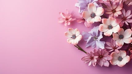 Naklejka na ściany i meble a bunch of pink and purple flowers on a pink background. generative ai