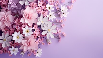  a bunch of pink and white flowers on a purple background. generative ai