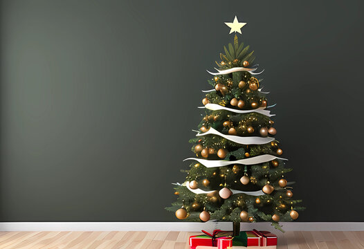 christmas tree on grey background , copy space area, photorealistic